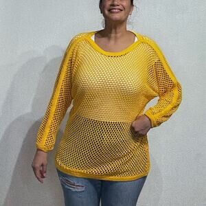 Peter Popovitch Yellow Mesh Vintage Long Sleeve Top Sz L